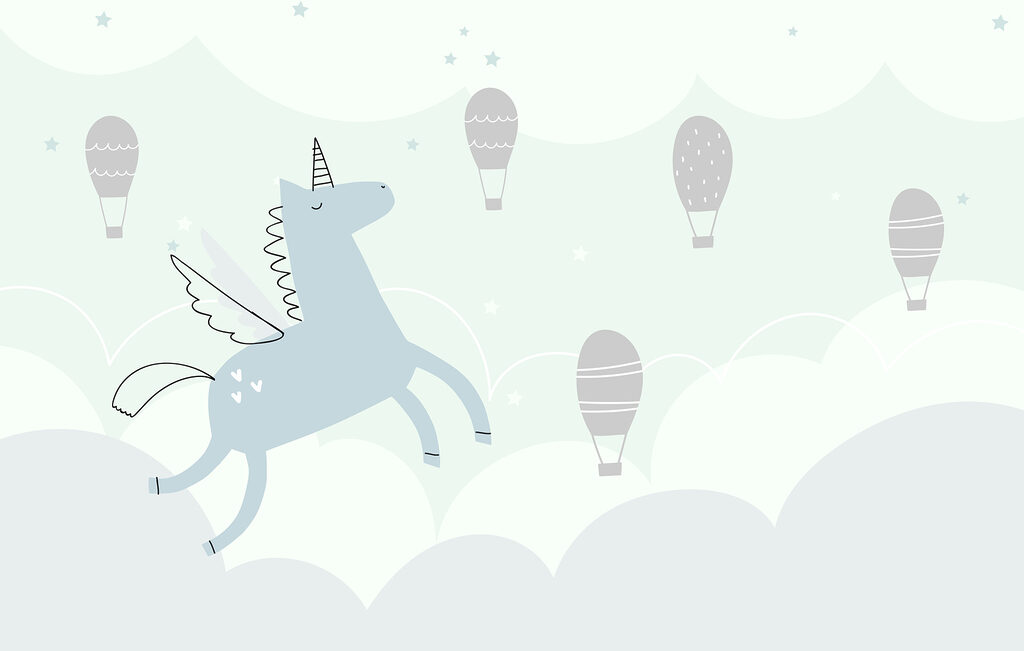 Blaues Einhorn mit Flügeln und Flügeln fliegen in den Himmel mit Heißluftballons Blaues Einhorn mit Flügeln und Flügeln fliegen in den Himmel mit Heißluftballons