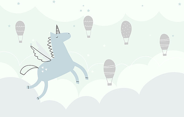 Blaues Einhorn mit Flügeln und Flügeln fliegen in den Himmel mit Heißluftballons Blaues Einhorn mit Flügeln und Flügeln fliegen in den Himmel mit Heißluftballons