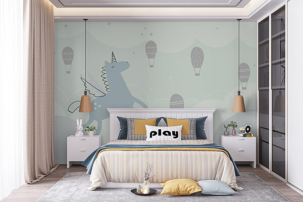 Blaues Einhorn mit Flügeln und Flügeln fliegen in den Himmel mit Heißluftballons Blaues Einhorn mit Flügeln und Flügeln fliegen in den Himmel mit Heißluftballons