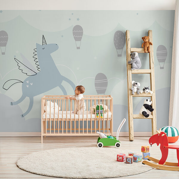Blaues Einhorn mit Flügeln und Flügeln fliegen in den Himmel mit Heißluftballons Blaues Einhorn mit Flügeln und Flügeln fliegen in den Himmel mit Heißluftballons