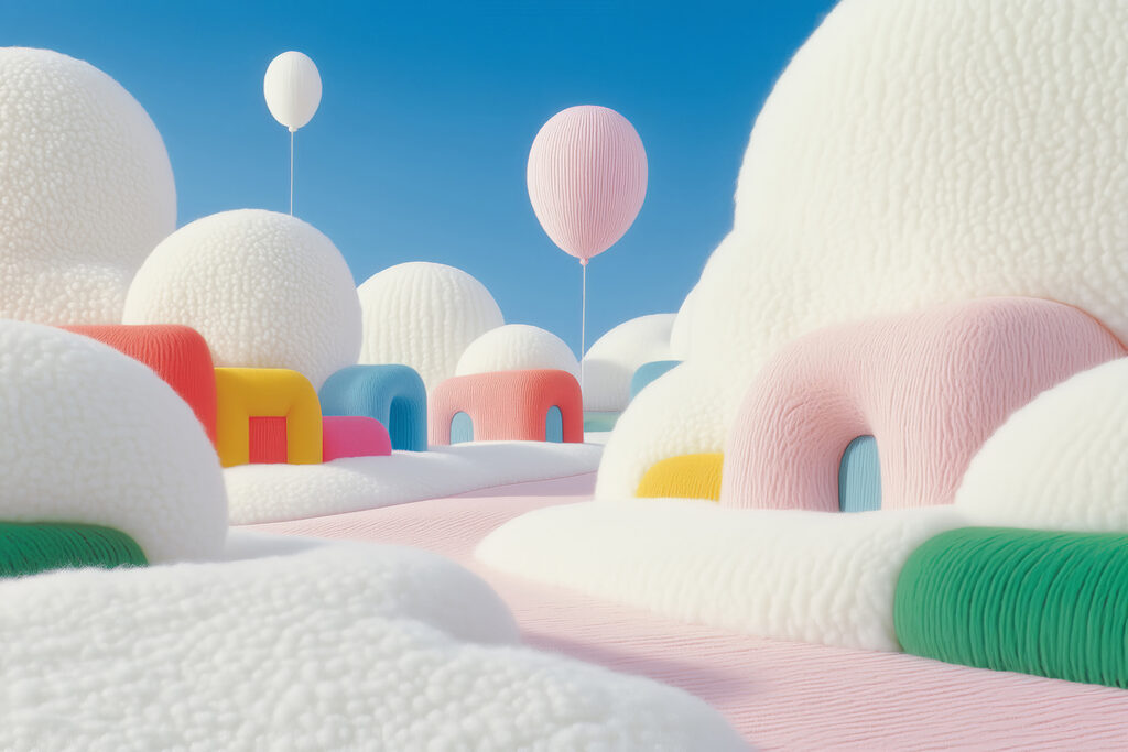 Landschaft mit Ballons und Gebäuden Landschaft mit Ballons und Gebäuden