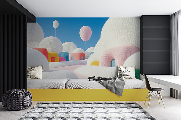 Landschaft mit Ballons und Gebäuden Landschaft mit Ballons und Gebäuden