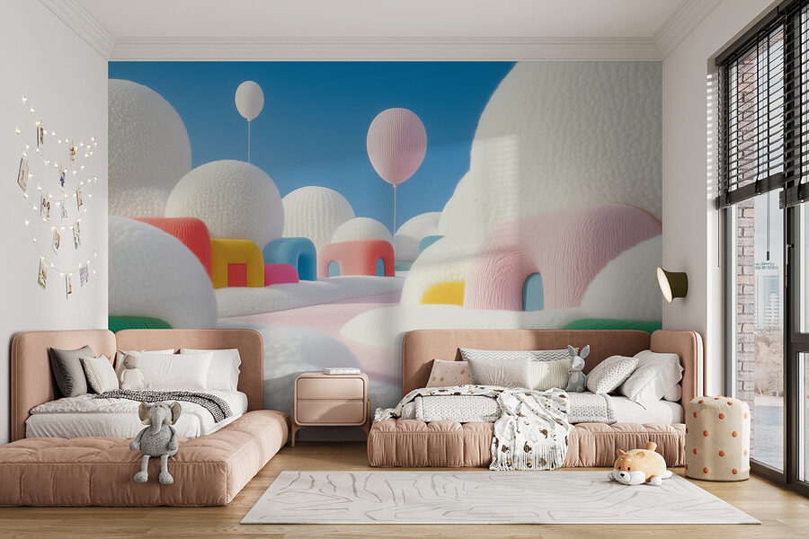 Landschaft mit Ballons und Gebäuden Landschaft mit Ballons und Gebäuden