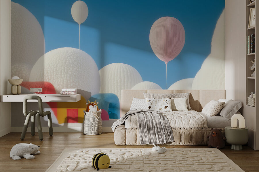 Landschaft mit Ballons und Gebäuden Landschaft mit Ballons und Gebäuden