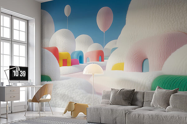 Landschaft mit Ballons und Gebäuden Landschaft mit Ballons und Gebäuden