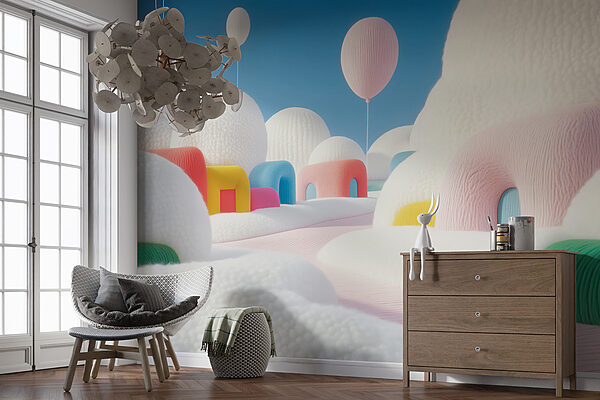 Landschaft mit Ballons und Gebäuden Landschaft mit Ballons und Gebäuden