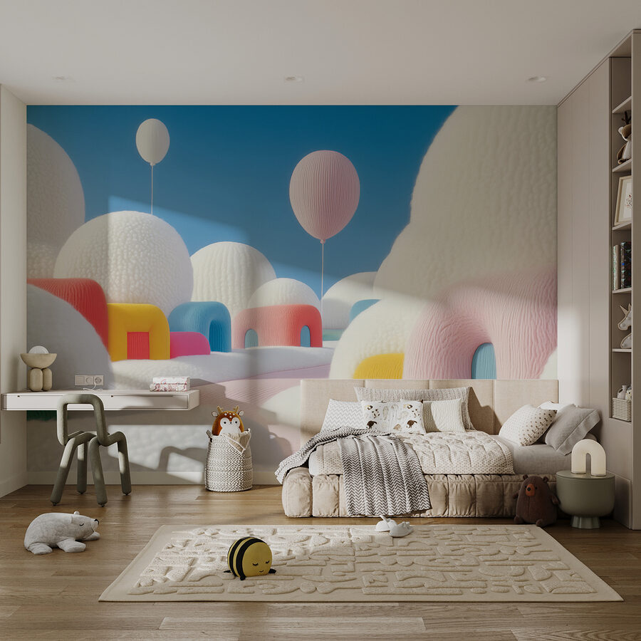 Landschaft mit Ballons und Gebäuden Landschaft mit Ballons und Gebäuden