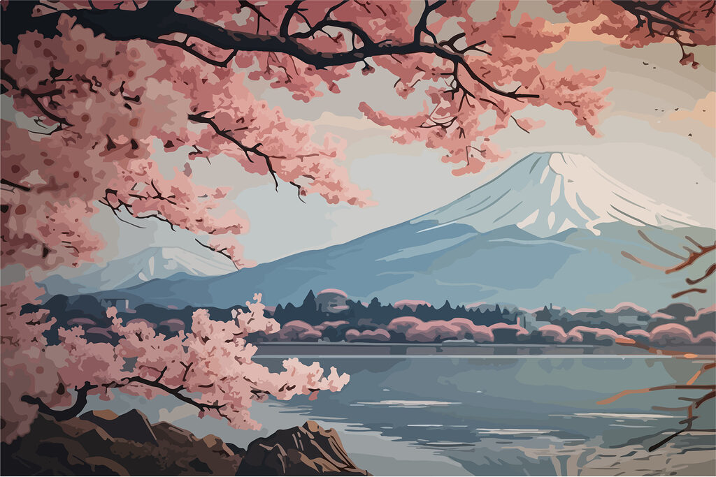 Mountain with pink flowers