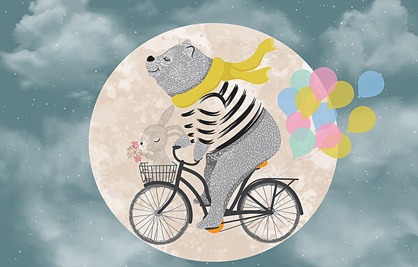 Bär auf einem Fahrrad mit Luftballons Bär auf einem Fahrrad mit Luftballons