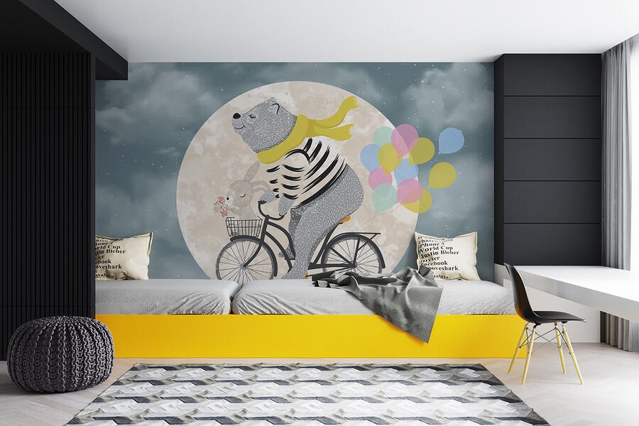 Bär auf einem Fahrrad mit Luftballons Bär auf einem Fahrrad mit Luftballons