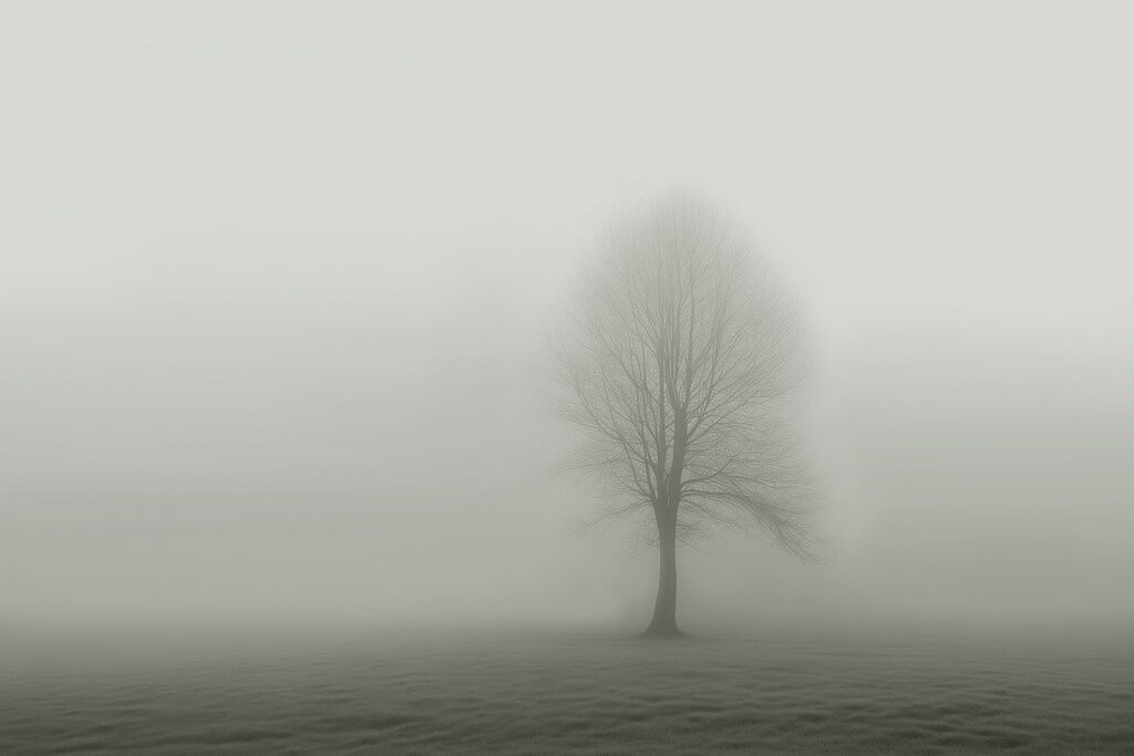 Baum in einem nebligen Feld Baum in einem nebligen Feld