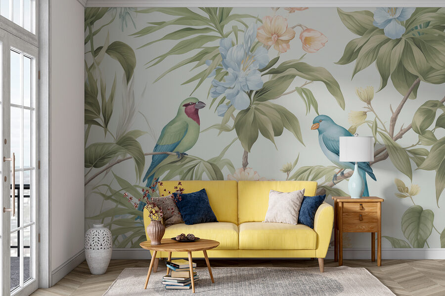 Fototapeten Tapete mit Vögeln und Blumen – Bild 2