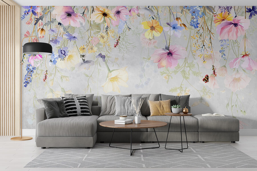 Malerei von Blumen und Schmetterlingen