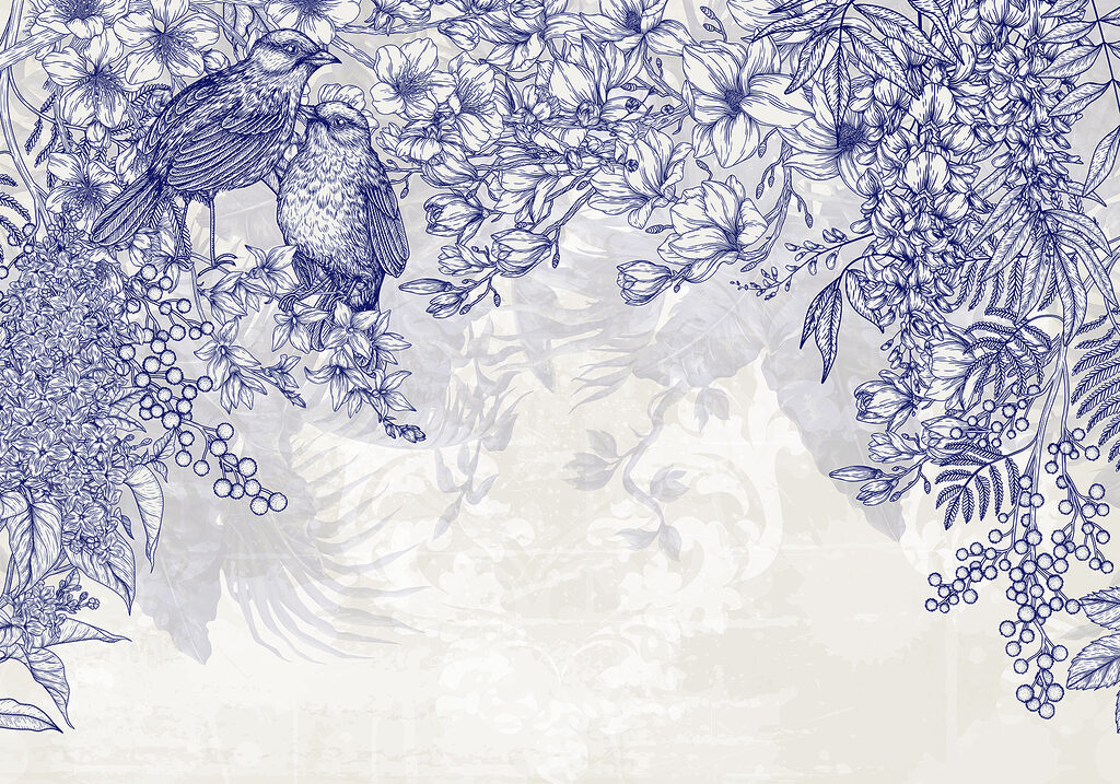 Blaue und weiße Zeichnung von Vögeln und Blumen Blaue und weiße Zeichnung von Vögeln und Blumen