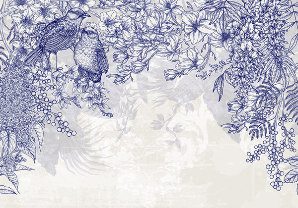 Blaue und weiße Zeichnung von Vögeln und Blumen Blaue und weiße Zeichnung von Vögeln und Blumen