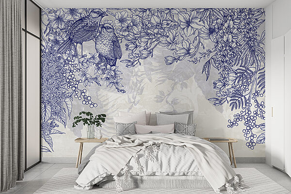 Blaue und weiße Zeichnung von Vögeln und Blumen Blaue und weiße Zeichnung von Vögeln und Blumen
