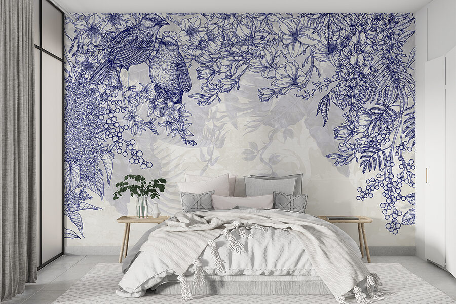 Blaue und weiße Zeichnung von Vögeln und Blumen