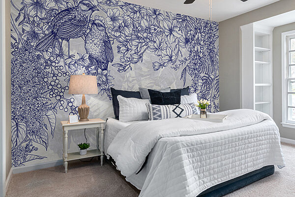 Blaue und weiße Zeichnung von Vögeln und Blumen Blaue und weiße Zeichnung von Vögeln und Blumen