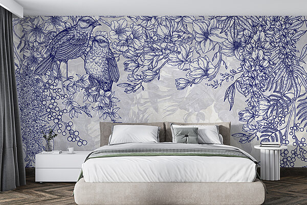 Blaue und weiße Zeichnung von Vögeln und Blumen Blaue und weiße Zeichnung von Vögeln und Blumen