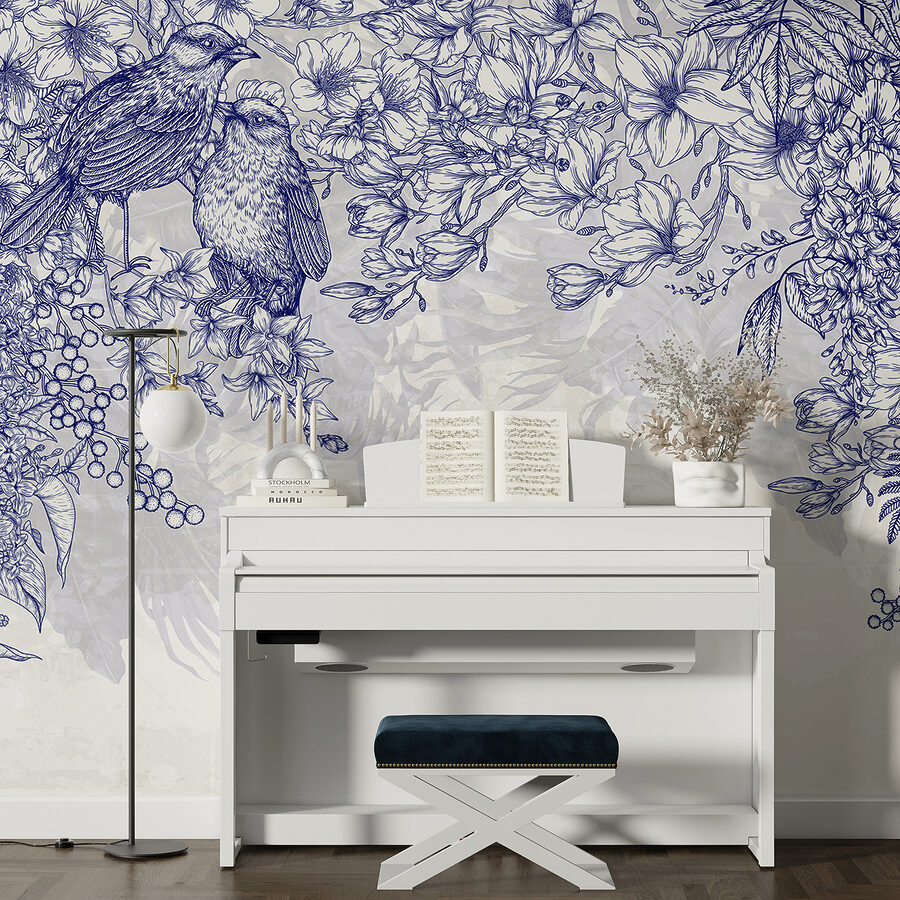 Blaue und weiße Zeichnung von Vögeln und Blumen