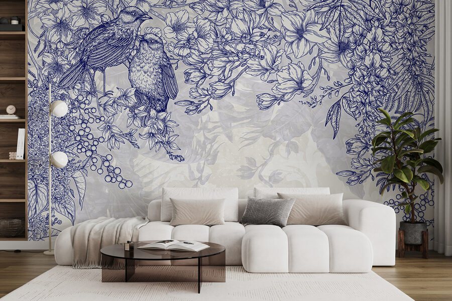 Blaue und weiße Zeichnung von Vögeln und Blumen