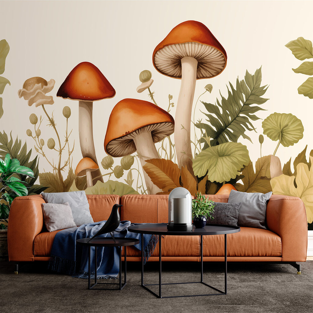 Group of mushrooms with leaves