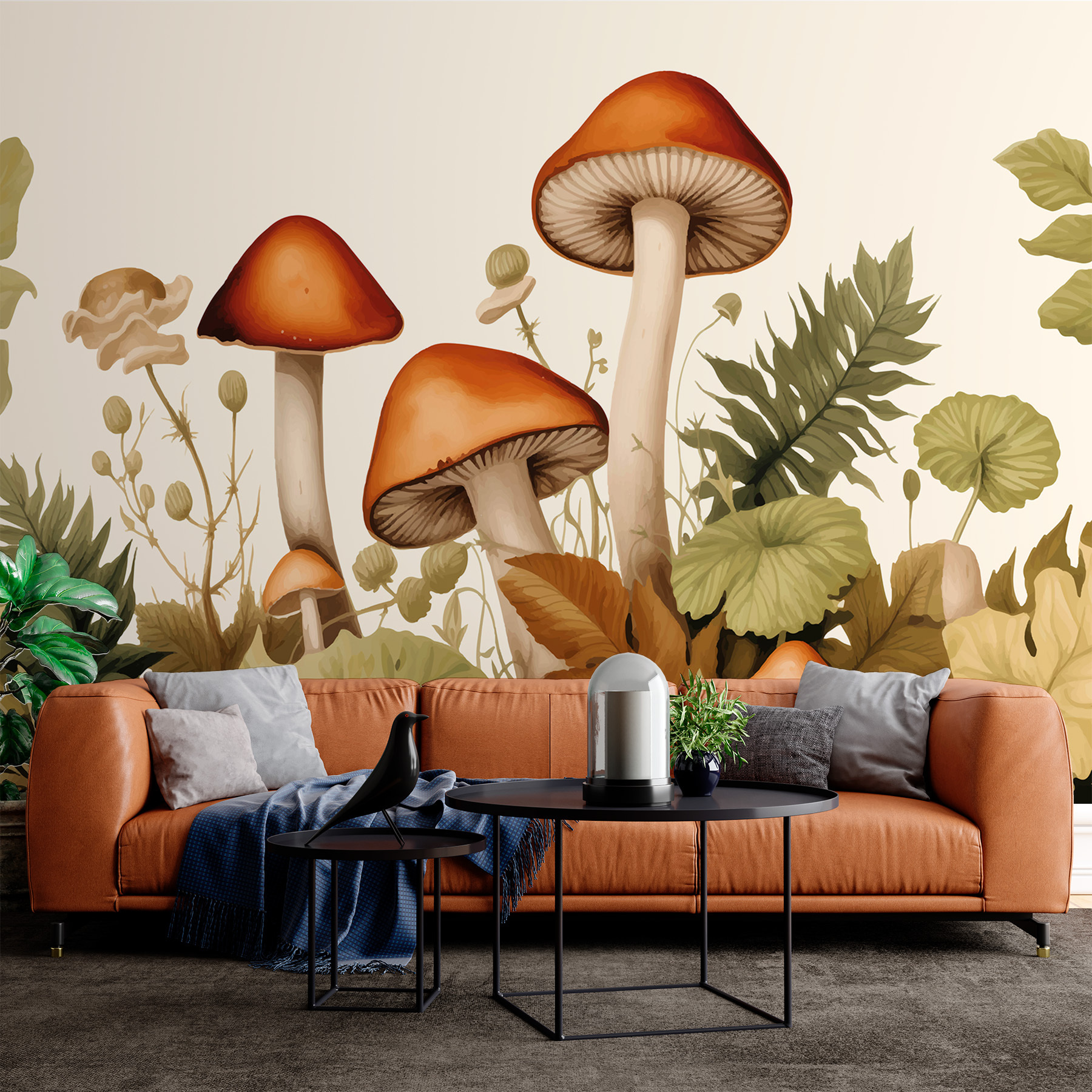 Group of mushrooms with leaves