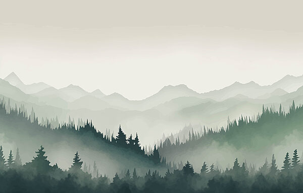 Neblige Berglandschaft mit Bäumen und Bergen Neblige Berglandschaft mit Bäumen und Bergen