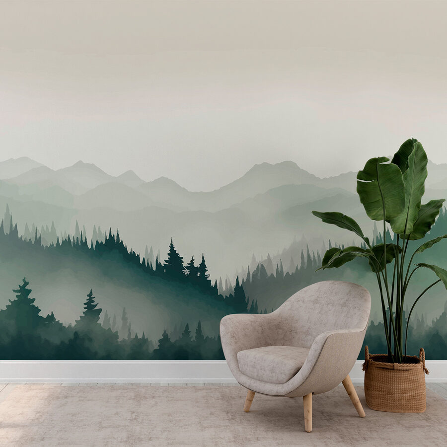 Neblige Berglandschaft mit Bäumen und Bergen