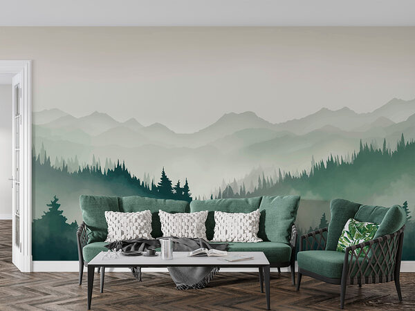 Neblige Berglandschaft mit Bäumen und Bergen Neblige Berglandschaft mit Bäumen und Bergen