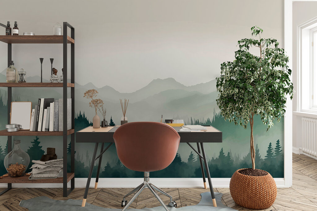 Foggy mountain landscape with trees and mountains