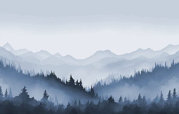 Neblige Berglandschaft mit Bäumen und Bergen Neblige Berglandschaft mit Bäumen und Bergen