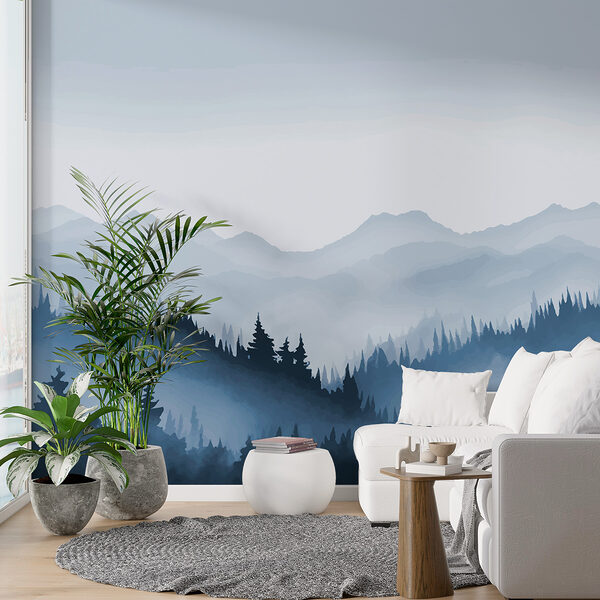 Neblige Berglandschaft mit Bäumen und Bergen Neblige Berglandschaft mit Bäumen und Bergen