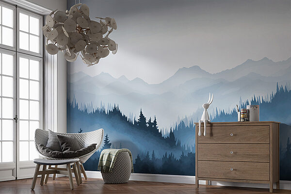 Neblige Berglandschaft mit Bäumen und Bergen Neblige Berglandschaft mit Bäumen und Bergen