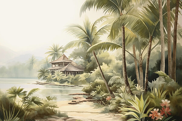 Aquarellmalerei eines Hauses und Palmen Aquarellmalerei eines Hauses und Palmen
