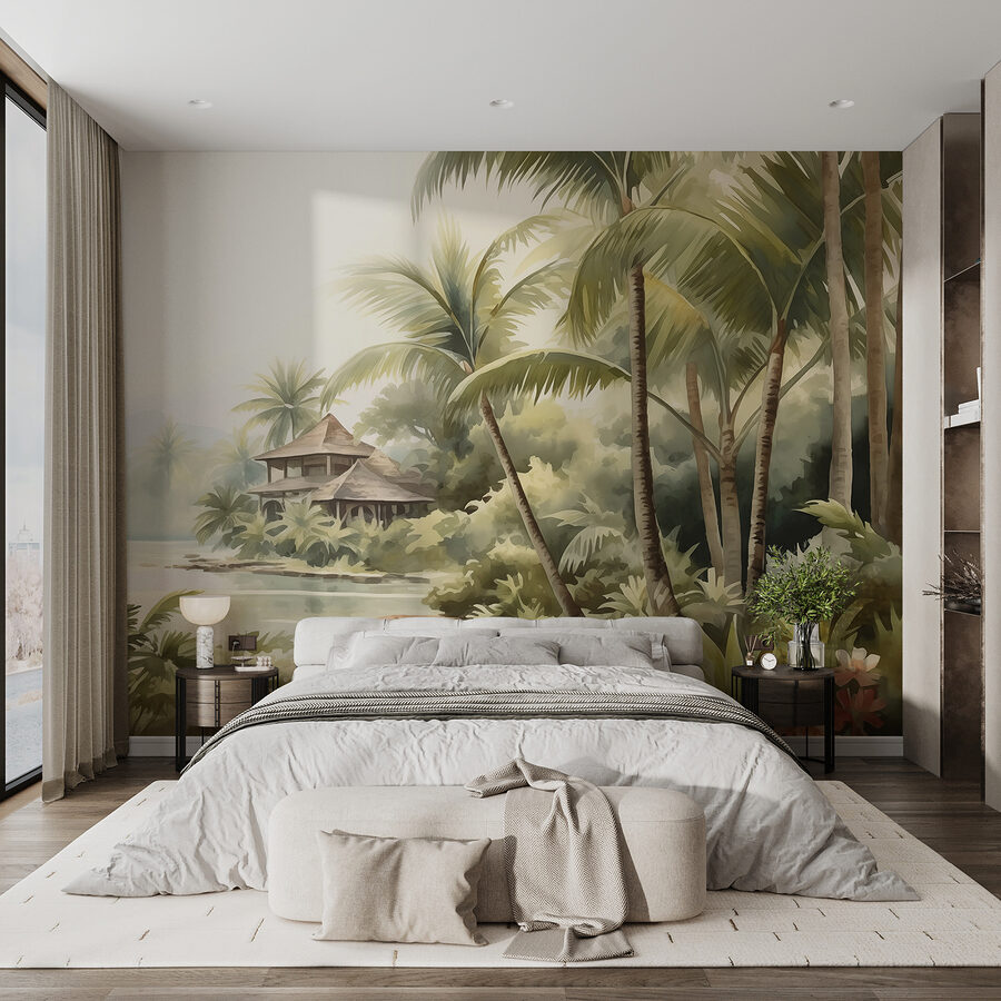 Aquarellmalerei eines Hauses und Palmen Aquarellmalerei eines Hauses und Palmen