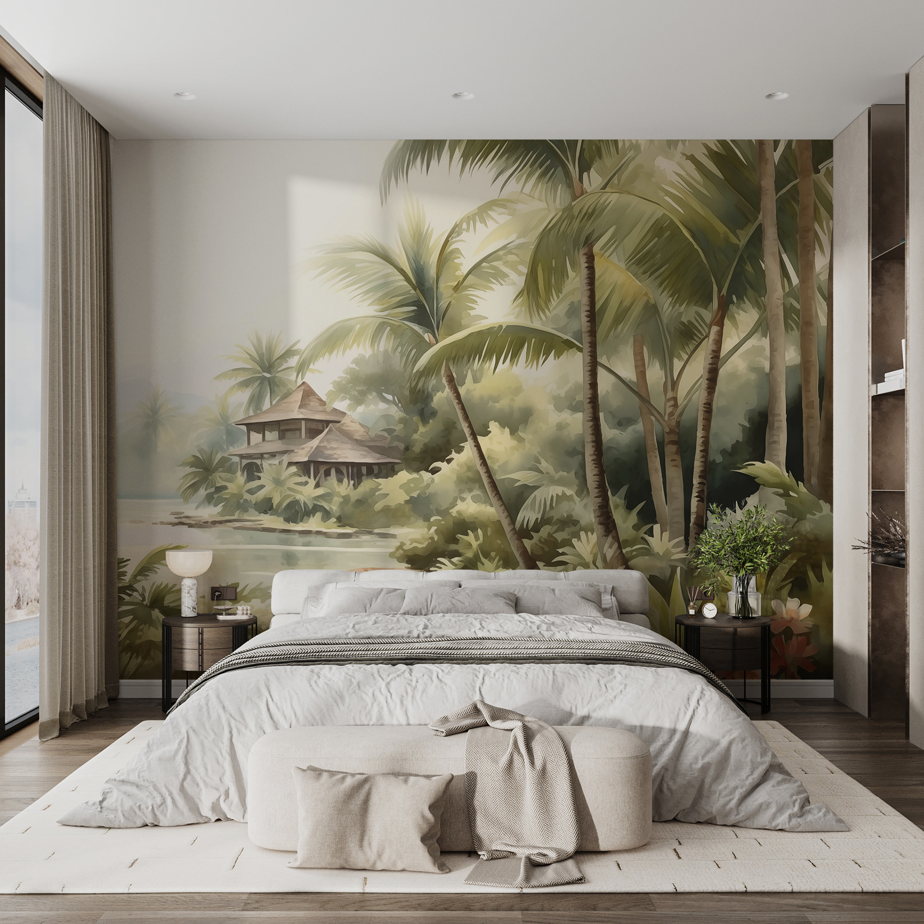 Watercolor painting of a house and palm trees