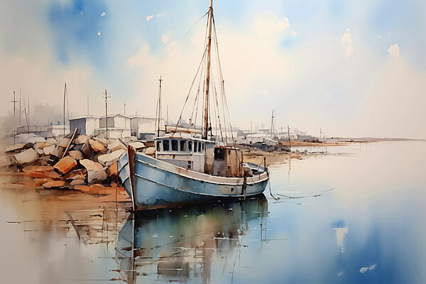 Aquarell eines Bootes auf dem Wasser Aquarell eines Bootes auf dem Wasser