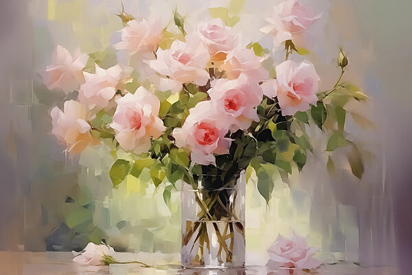 Blumenstrauß aus rosa Rosen in einer Glasvase Blumenstrauß aus rosa Rosen in einer Glasvase