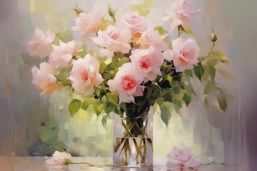 Blumenstrauß aus rosa Rosen in einer Glasvase