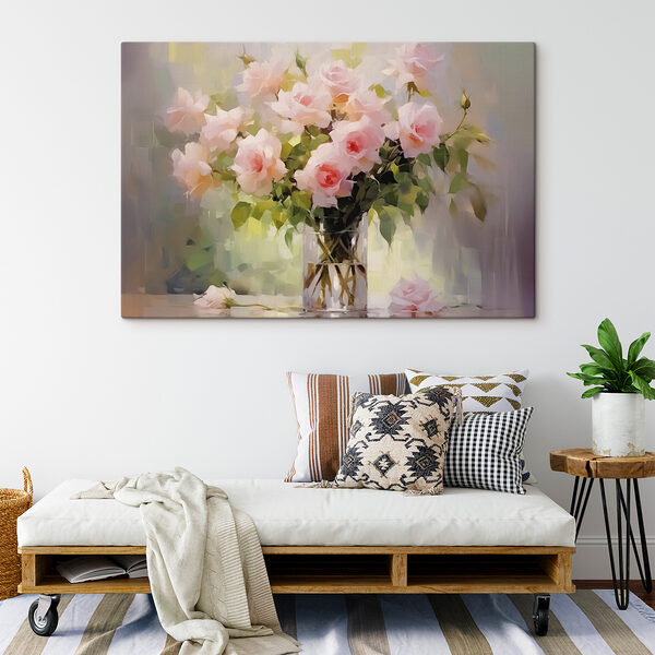 Blumenstrauß aus rosa Rosen in einer Glasvase Blumenstrauß aus rosa Rosen in einer Glasvase