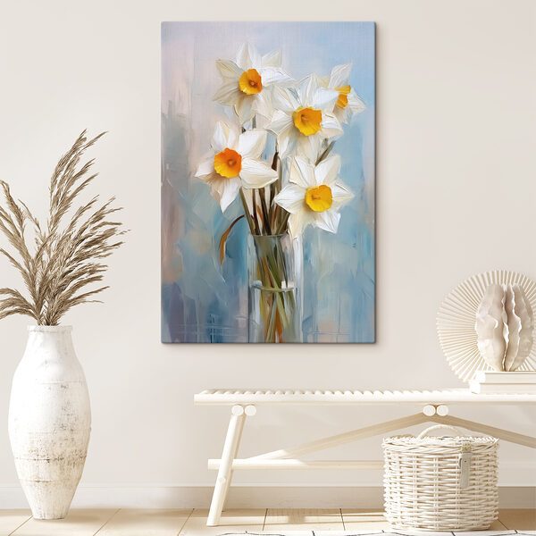 Weiße und gelbe Blumen in einer Glasvase Weiße und gelbe Blumen in einer Glasvase