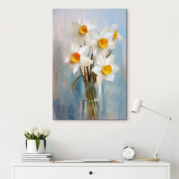 Weiße und gelbe Blumen in einer Glasvase Weiße und gelbe Blumen in einer Glasvase