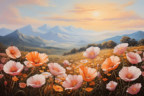 Blumenfeld mit Bergen im Hintergrund Blumenfeld mit Bergen im Hintergrund