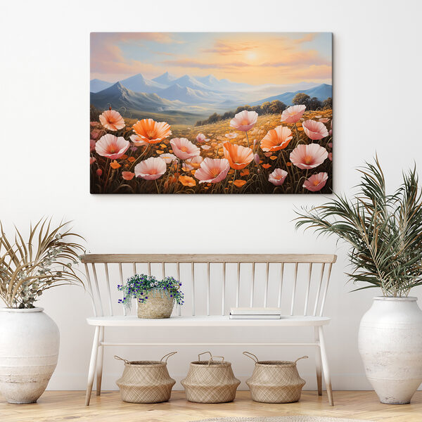 Blumenfeld mit Bergen im Hintergrund Blumenfeld mit Bergen im Hintergrund