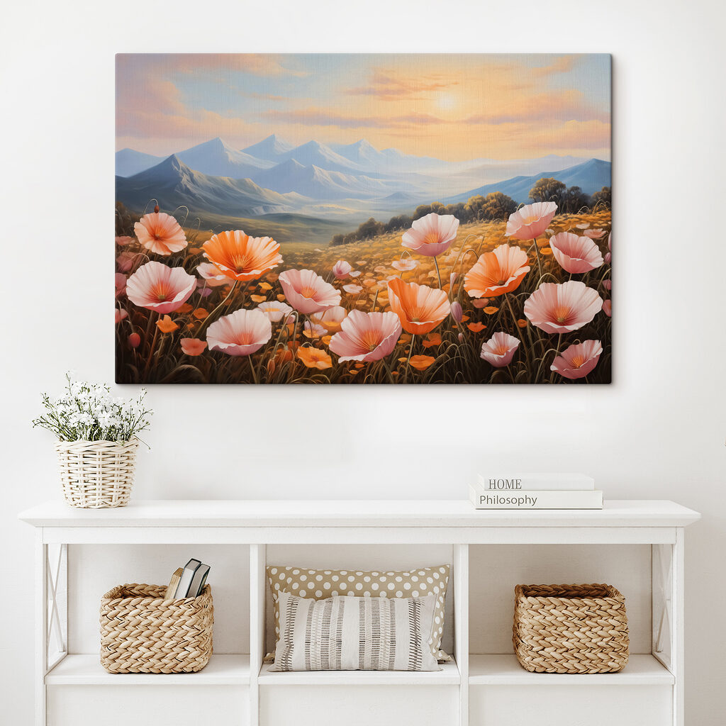 Field of flowers with mountains in the background