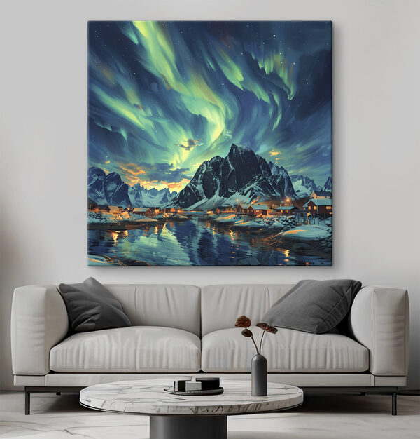 Landschaft mit einem See und Häusern im Schnee Landschaft mit einem See und Häusern im Schnee