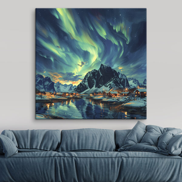 Landschaft mit einem See und Häusern im Schnee Landschaft mit einem See und Häusern im Schnee
