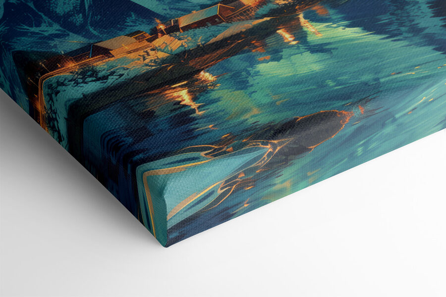 Landschaft mit einem See und Häusern im Schnee