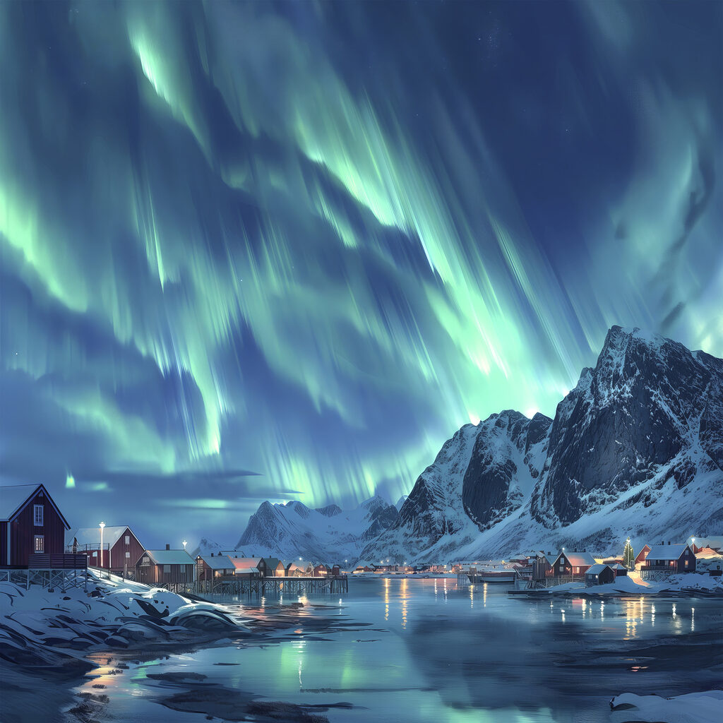 Aurora borealis over a snowy mountain